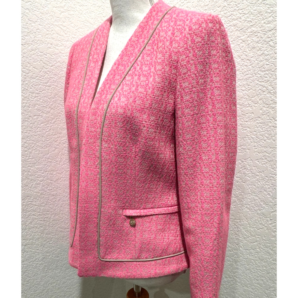 NWT Vintage Anne Klein Bright Pink Suit Jacket Tweed Sz 6 Tan Piping Blazer